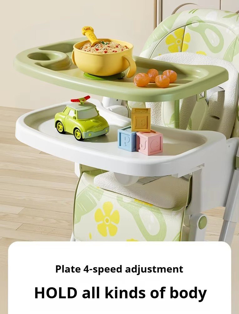 baby feeding chair double tray with food noodles orange toy car blocks lifestyle